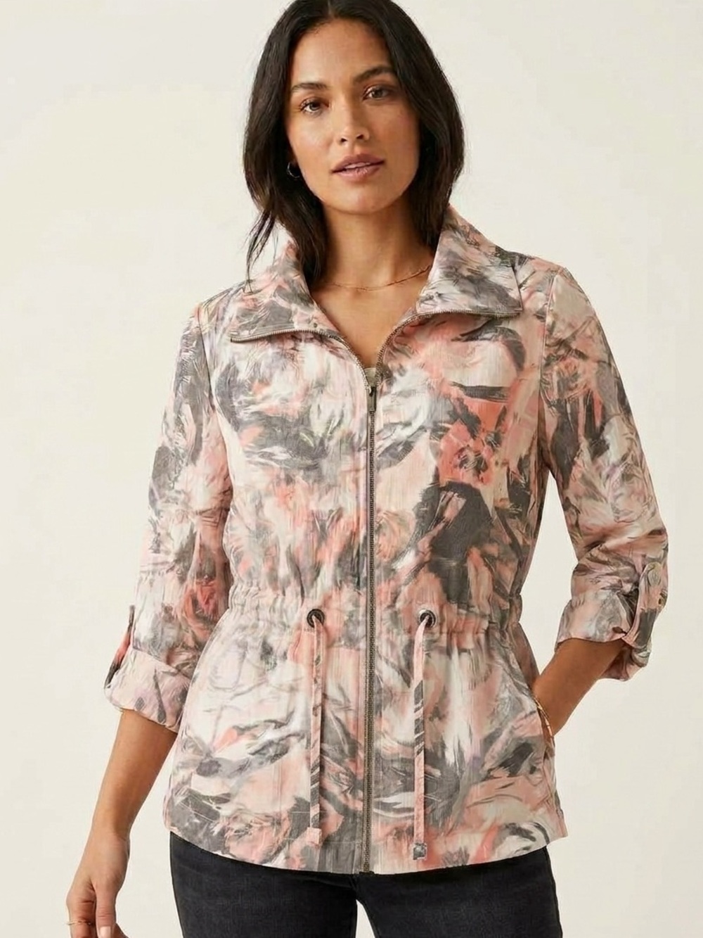 Ruby Rd. Pink and Gray Floral Lightweight Shimmer Jacket Size 12P